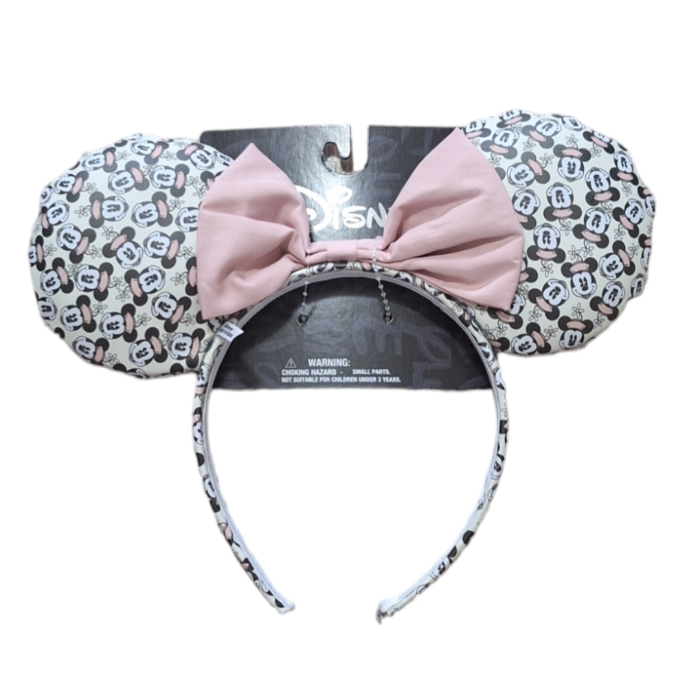 NEW Aldi Disney Minnie Ears, White Vintage Minnie Mouse Print w/ Pink Bow